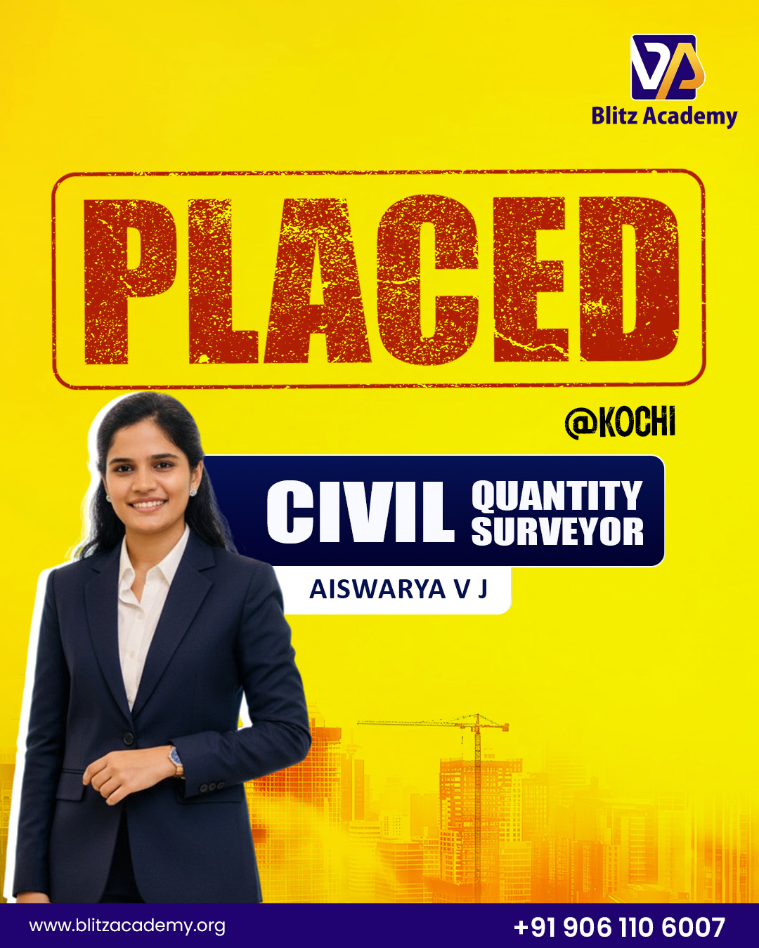 Aiswarya V J, placed as Civil QS (Kochi)